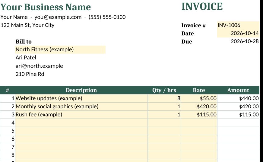Freelance Invoice Template and Client Payment Tracker Spreadsheet: real screenshot of the Invoice tab (example data)