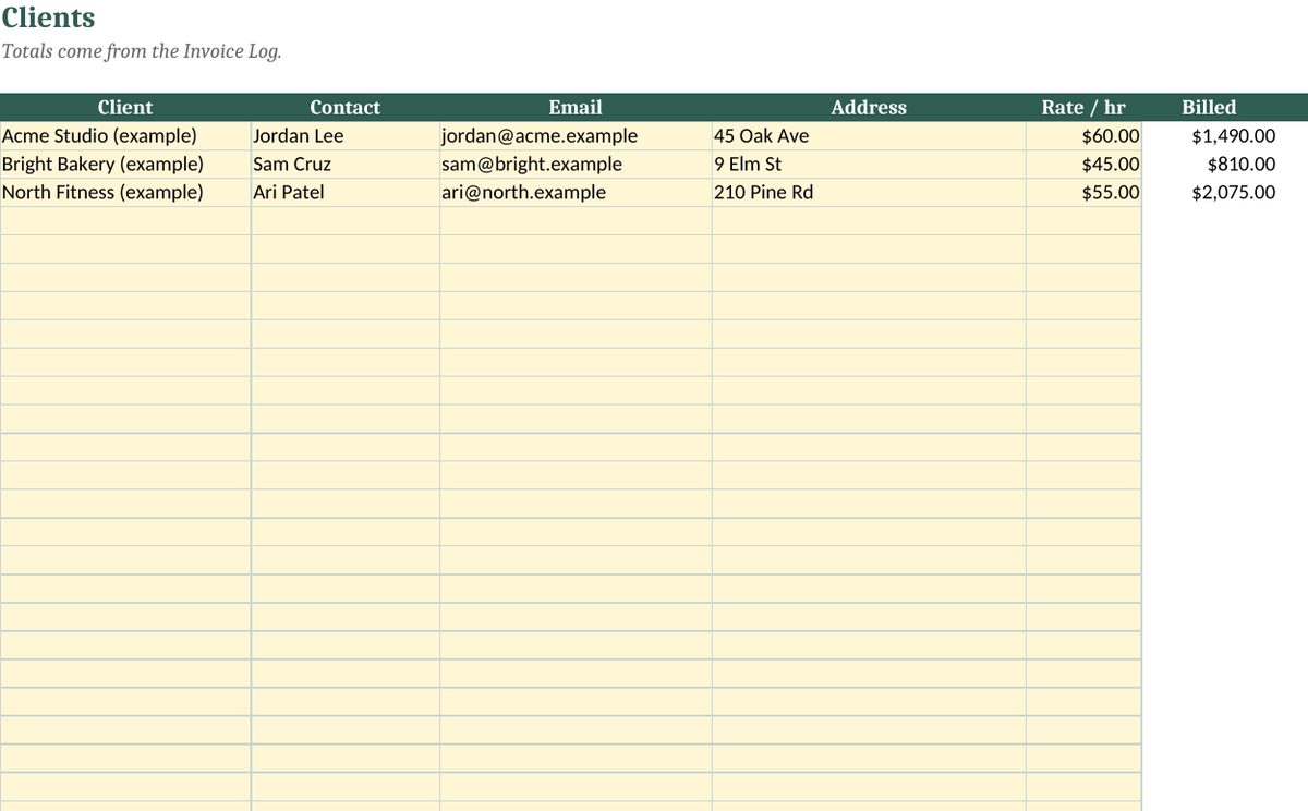 Freelance Invoice Template and Client Payment Tracker Spreadsheet: real screenshot of the Clients tab (example data)