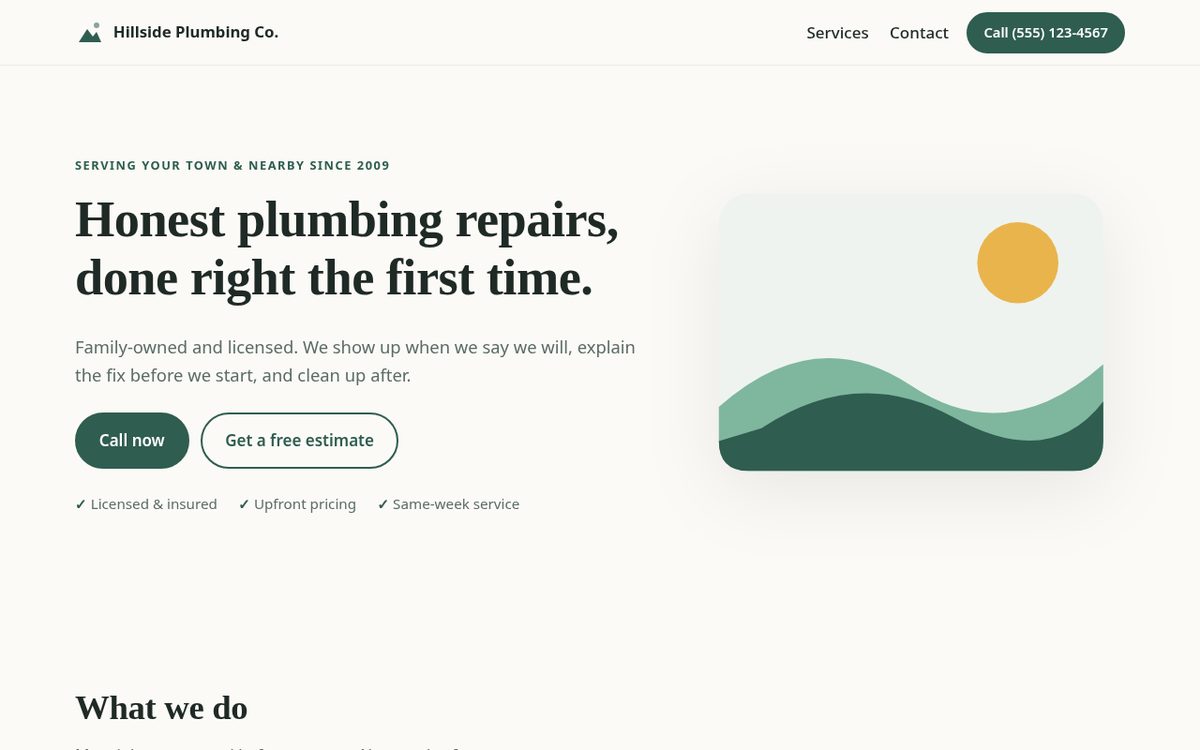 Free One-Page Business Website Template (HTML/CSS Lite): real screenshot of the Desktop, sage theme view (example data)