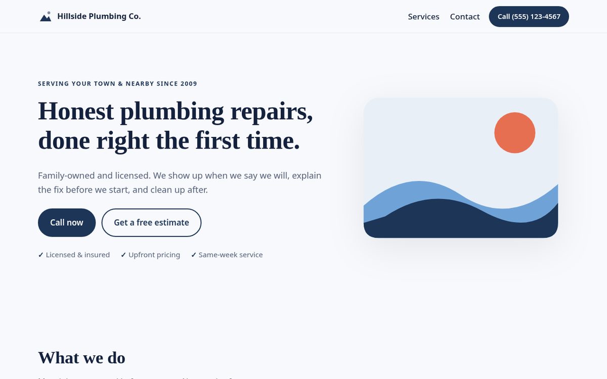 Free One-Page Business Website Template (HTML/CSS Lite): real screenshot of the Desktop, harbor theme view (example data)