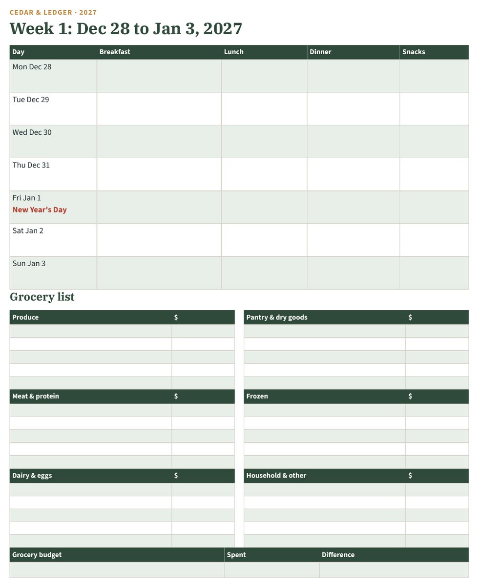 2027 Meal Plan & Grocery List Printable: real screenshot of the Week 1 meal plan + grocery list tab (example data)