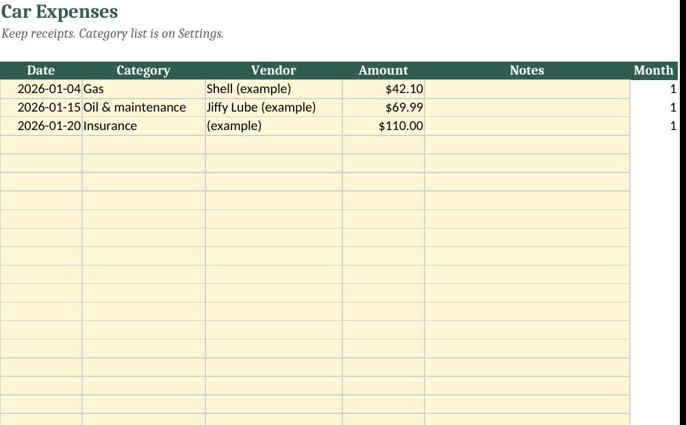 Mileage Log and Car Expense Tracker Spreadsheet: real screenshot of the Expenses tab (example data)