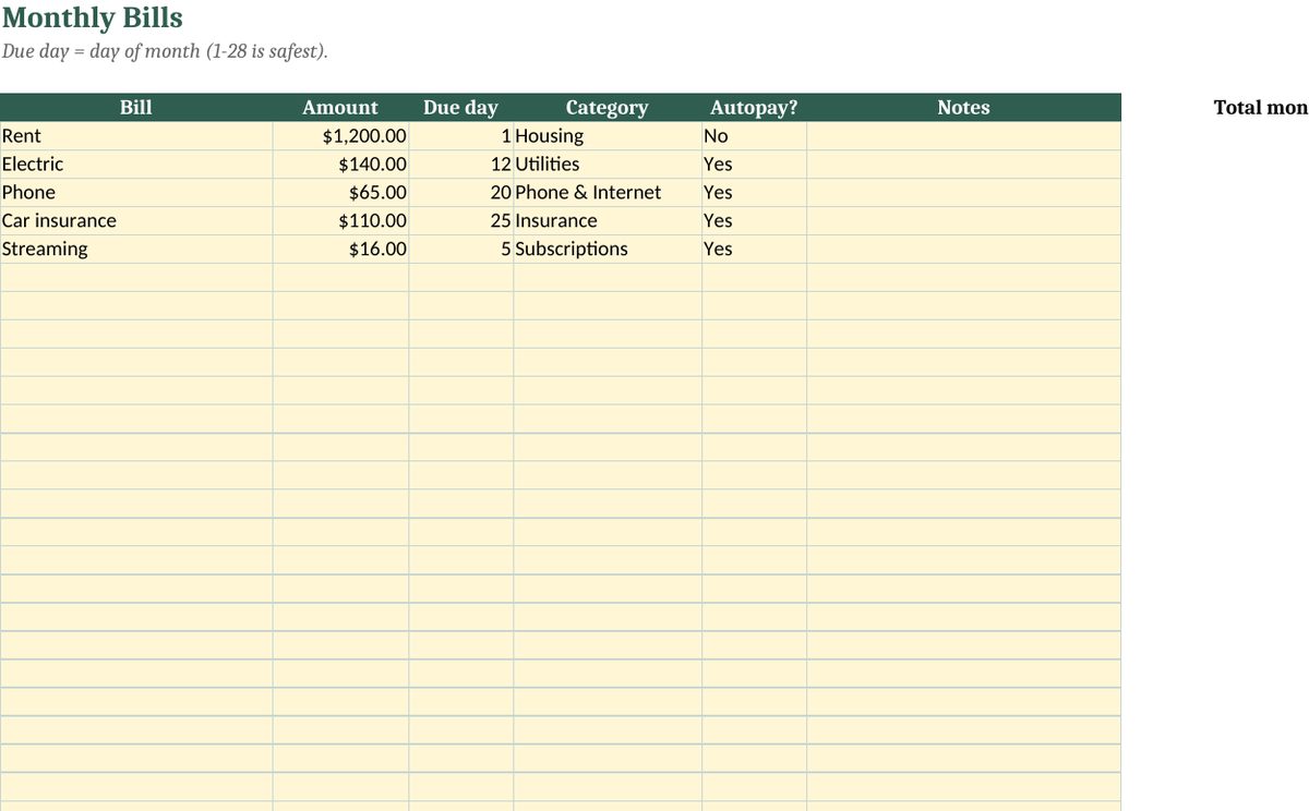 Paycheck Budget Spreadsheet (Biweekly Budget Template): real screenshot of the Bills tab (example data)