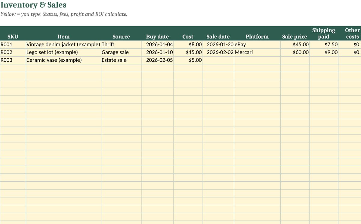Reseller Inventory & Profit Tracker Spreadsheet: real screenshot of the Inventory tab (example data)