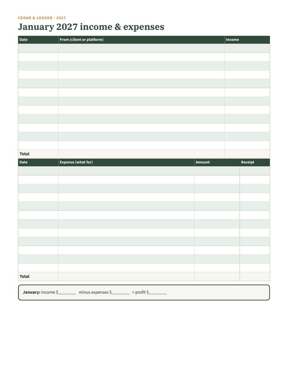 2027 Side Hustle Income & Mileage Log Printable: real screenshot of the Monthly income + expense log tab (example data)