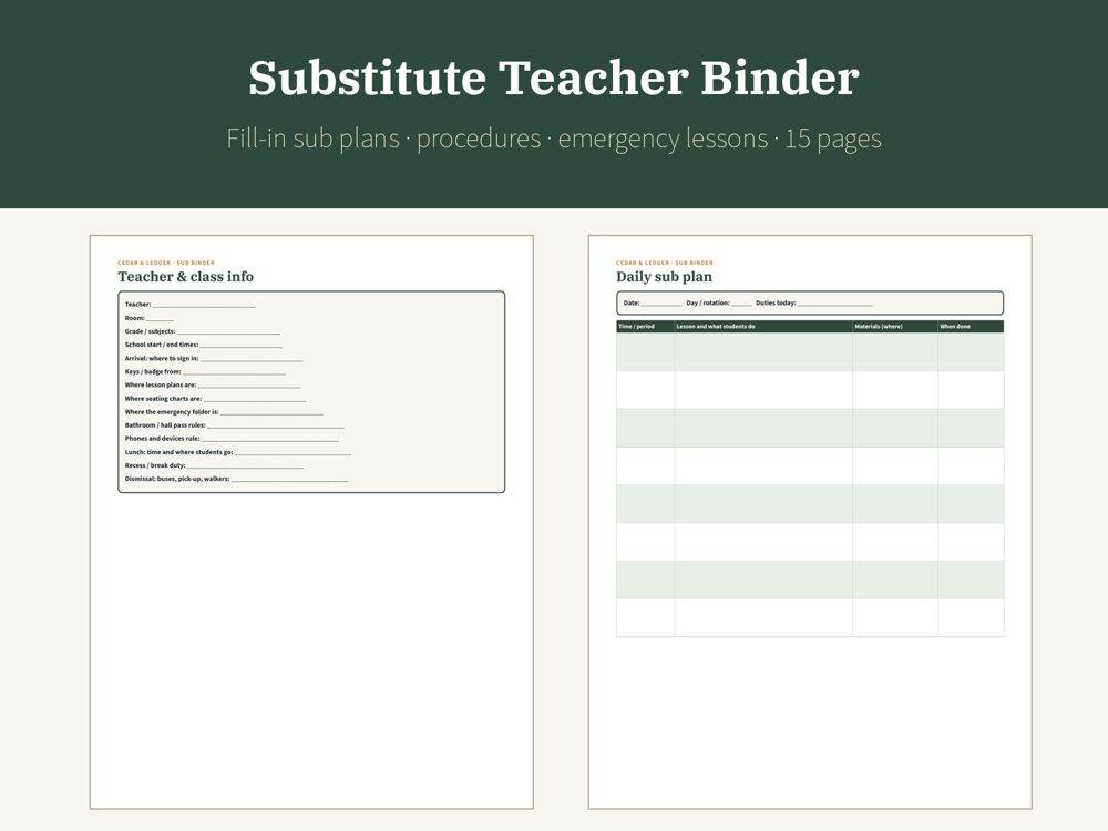 Substitute Teacher Binder