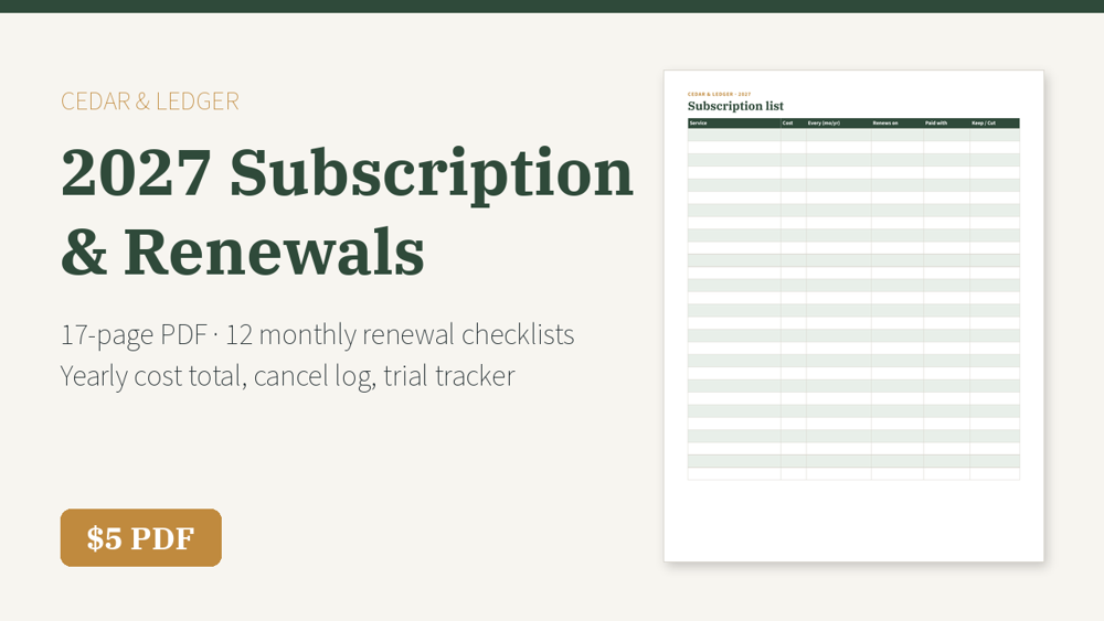 2027 Subscription & Renewal Tracker Printable