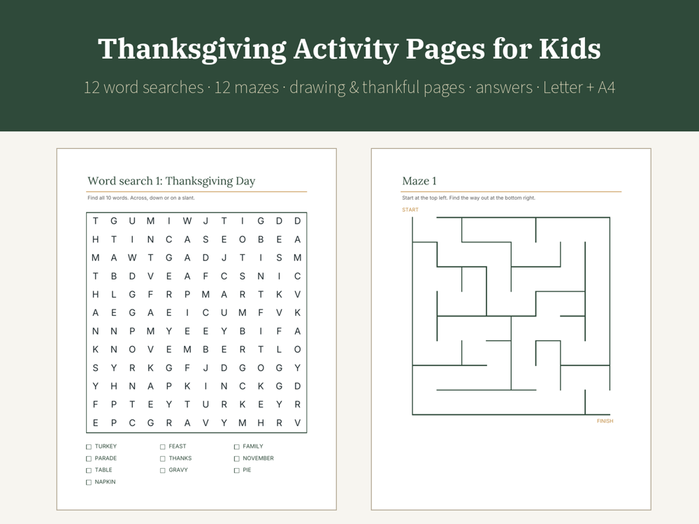 Thanksgiving Activity Pages for Kids