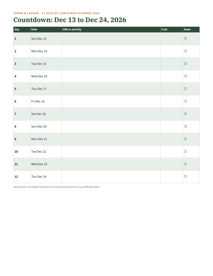 12 Days of Christmas Planner 2026 example page: countdown