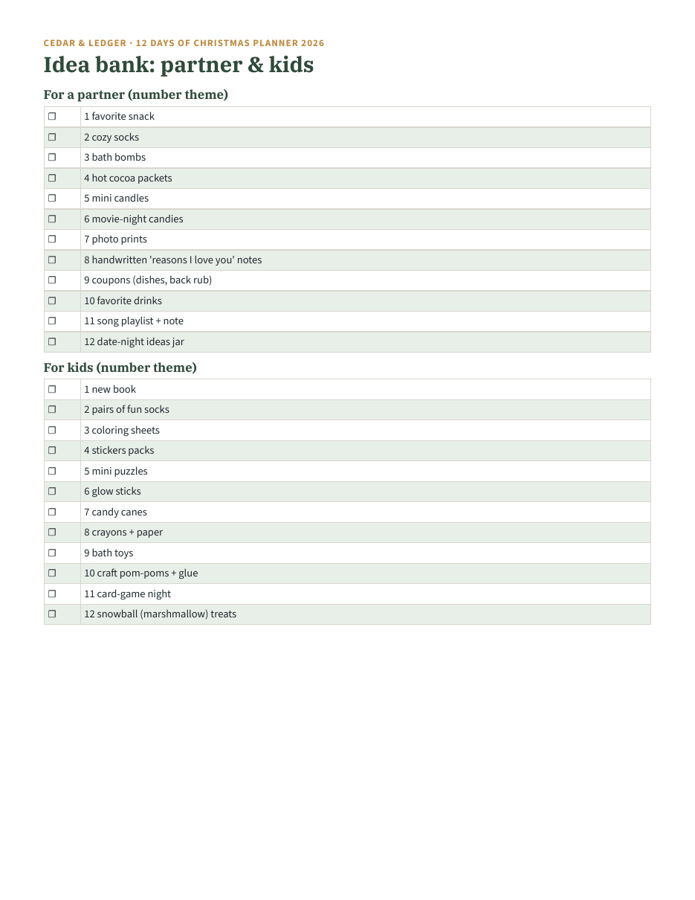 12 Days of Christmas Planner 2026 example page: ideas