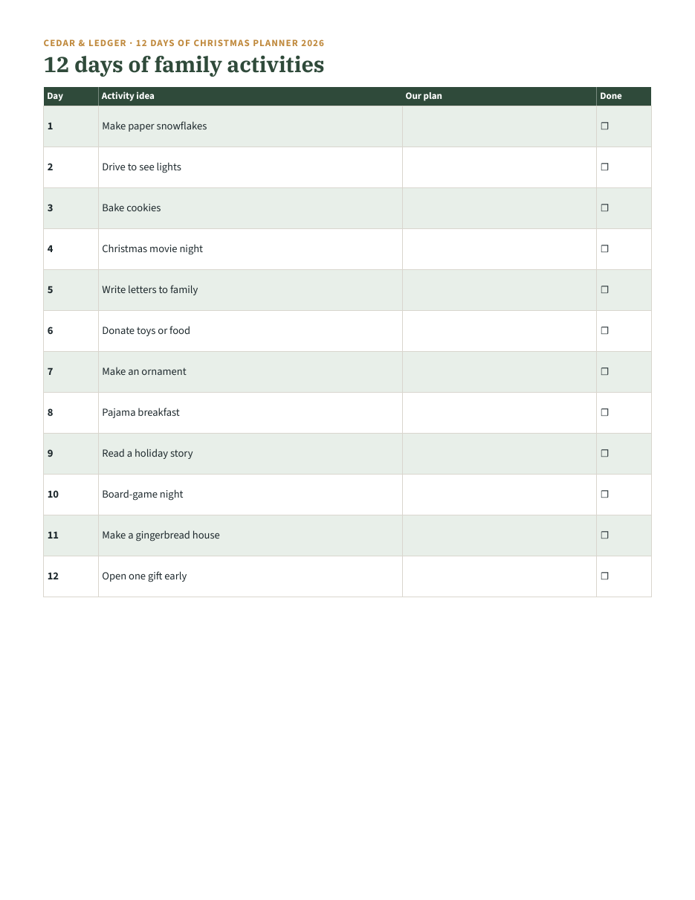 12 Days of Christmas Planner 2026 example page: activities