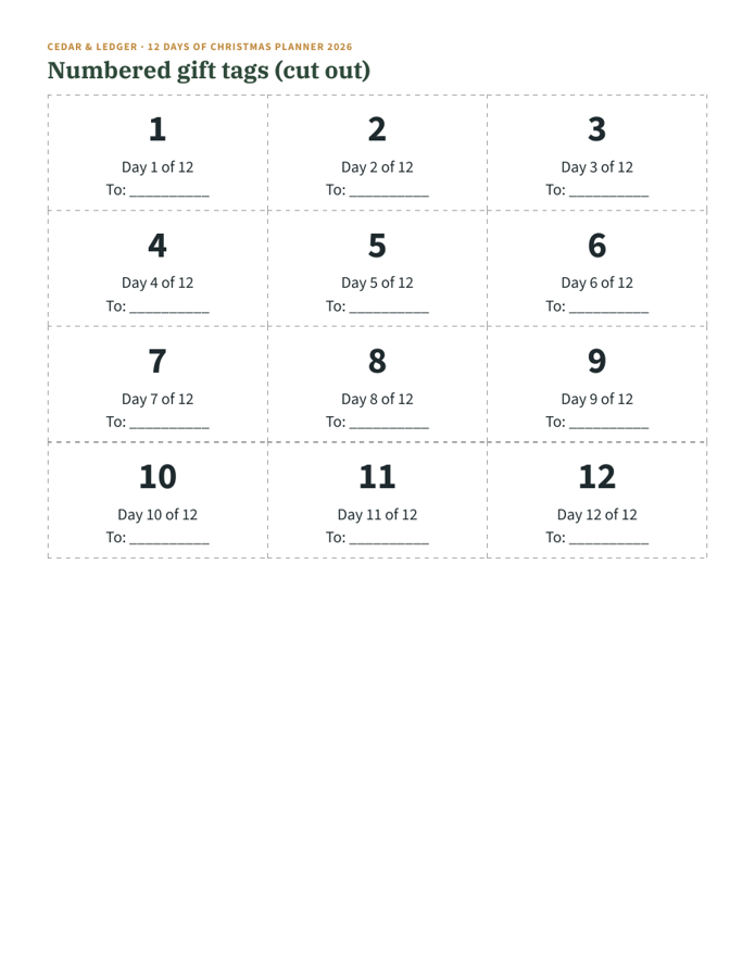 12 Days of Christmas Planner 2026 example page: tags