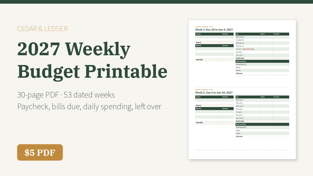 2027 Weekly Budget Printable
