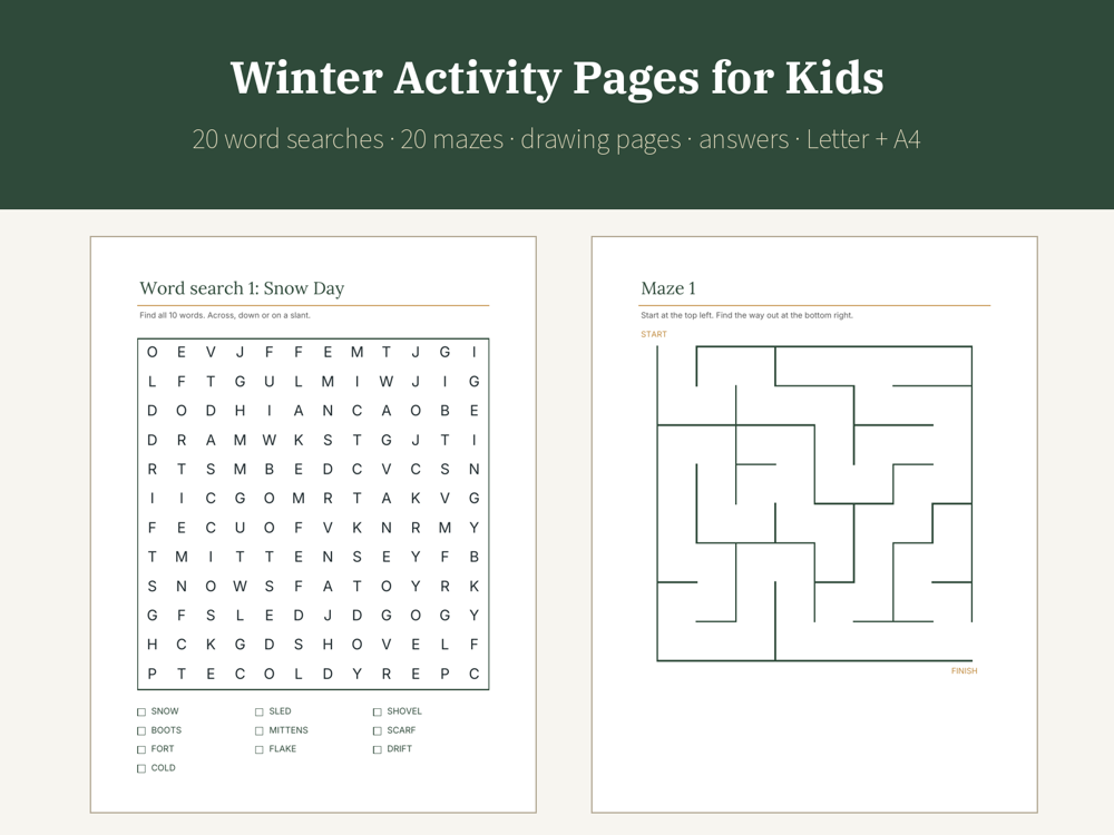Winter Activity Pages for Kids Printable