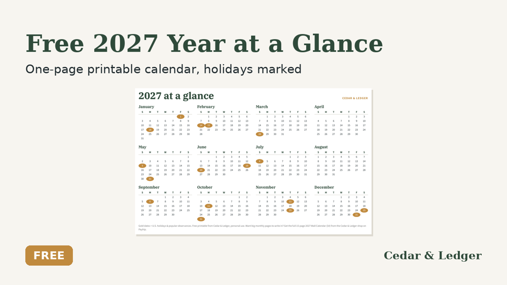 Free 2027 Year at a Glance Printable