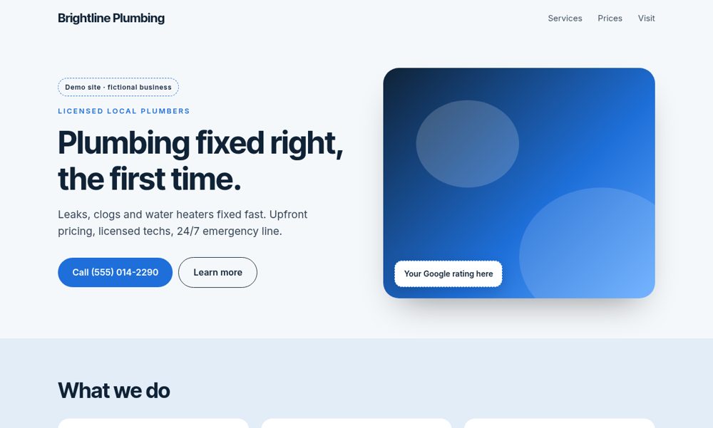 Brightline Plumbing demo website, desktop