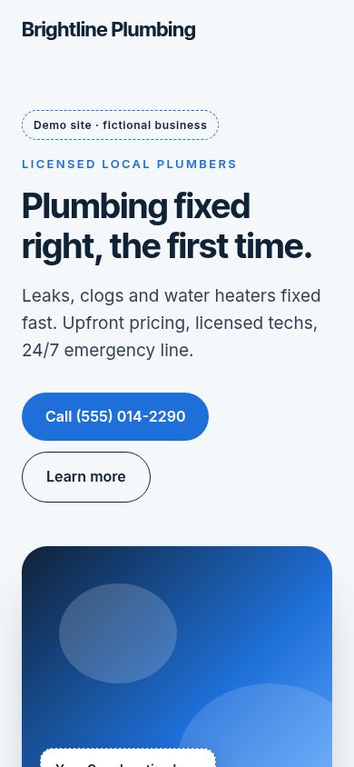 Brightline Plumbing demo website on a phone