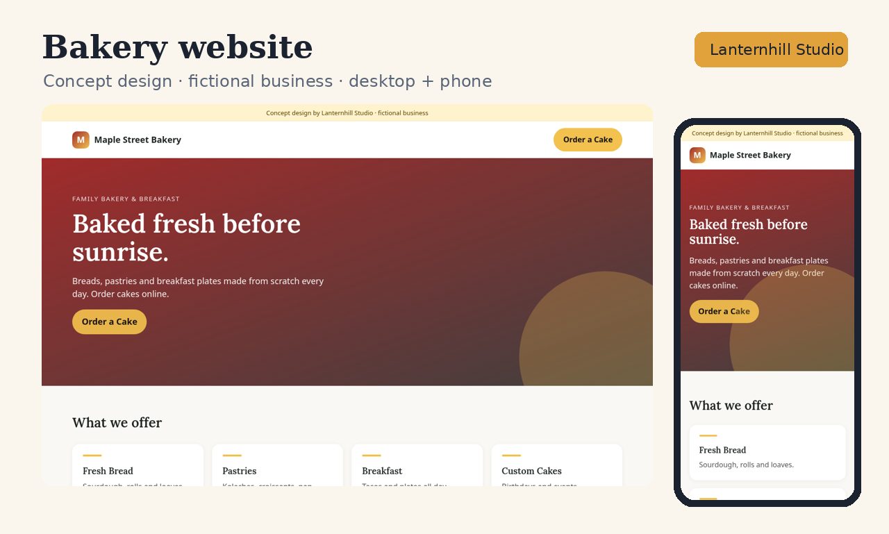 Bakery website concept design, desktop and phone