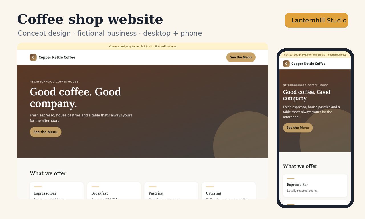 Coffee shop website concept design, desktop and phone
