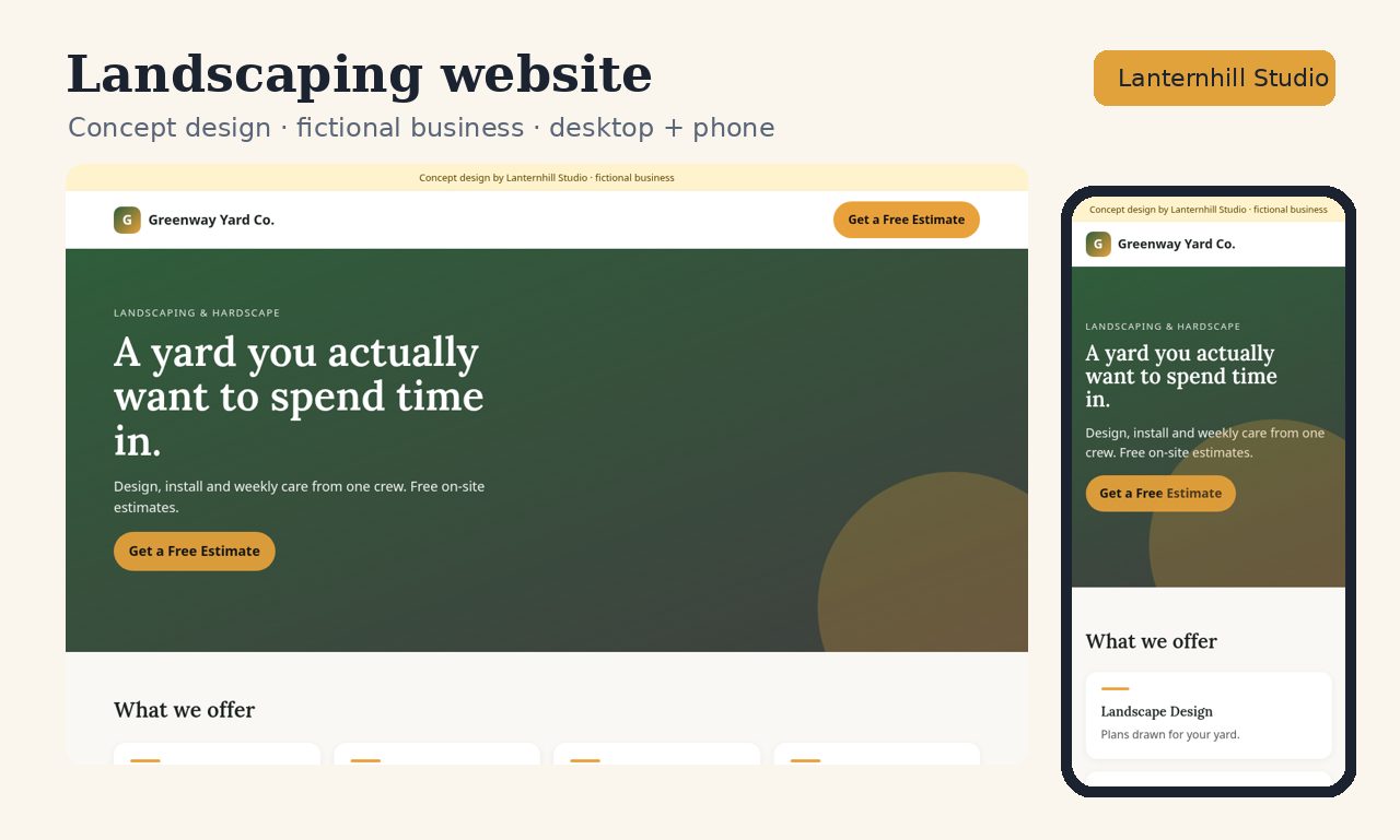 Landscaping website concept design, desktop and phone