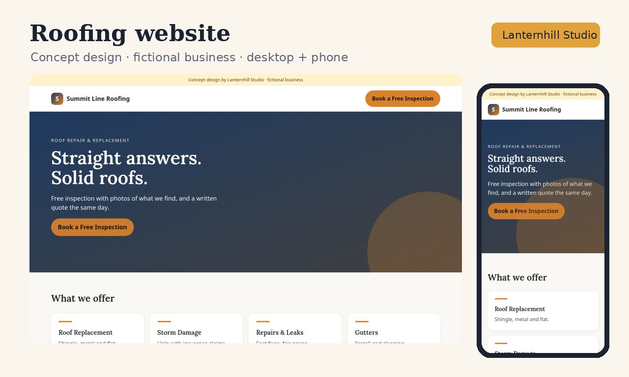 Roofing website concept design, desktop and phone