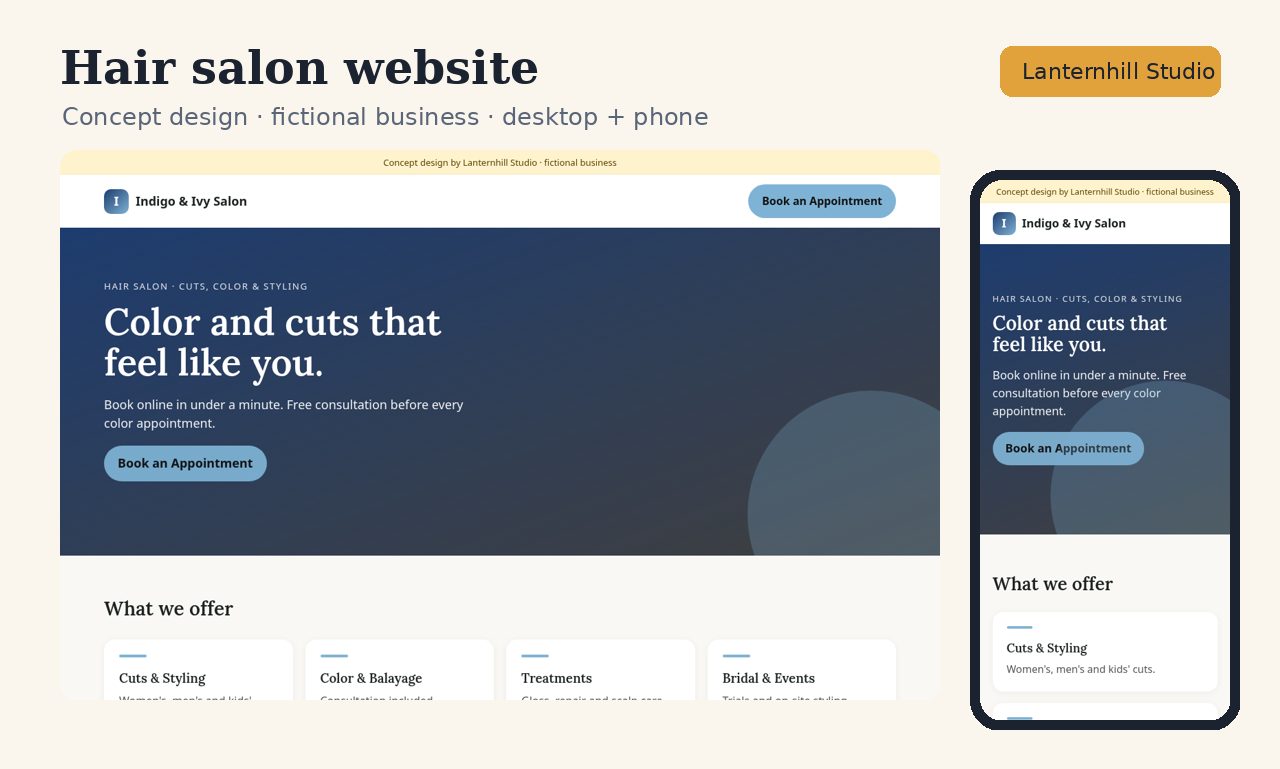 Hair salon website concept design, desktop and phone