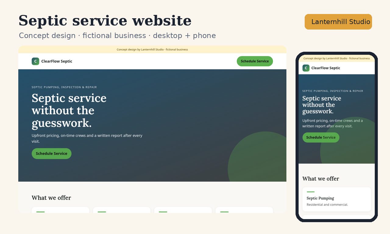Septic service website concept design, desktop and phone
