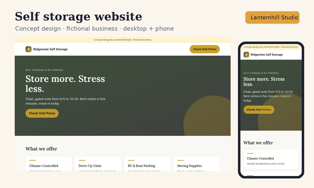 Self storage website concept design, desktop and phone