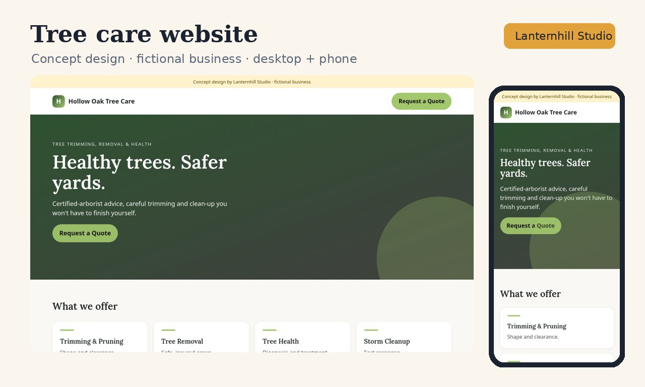 Tree care website concept design, desktop and phone